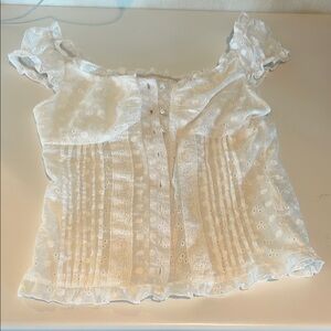 White Eyelet Lace button up puff sleeve Top
